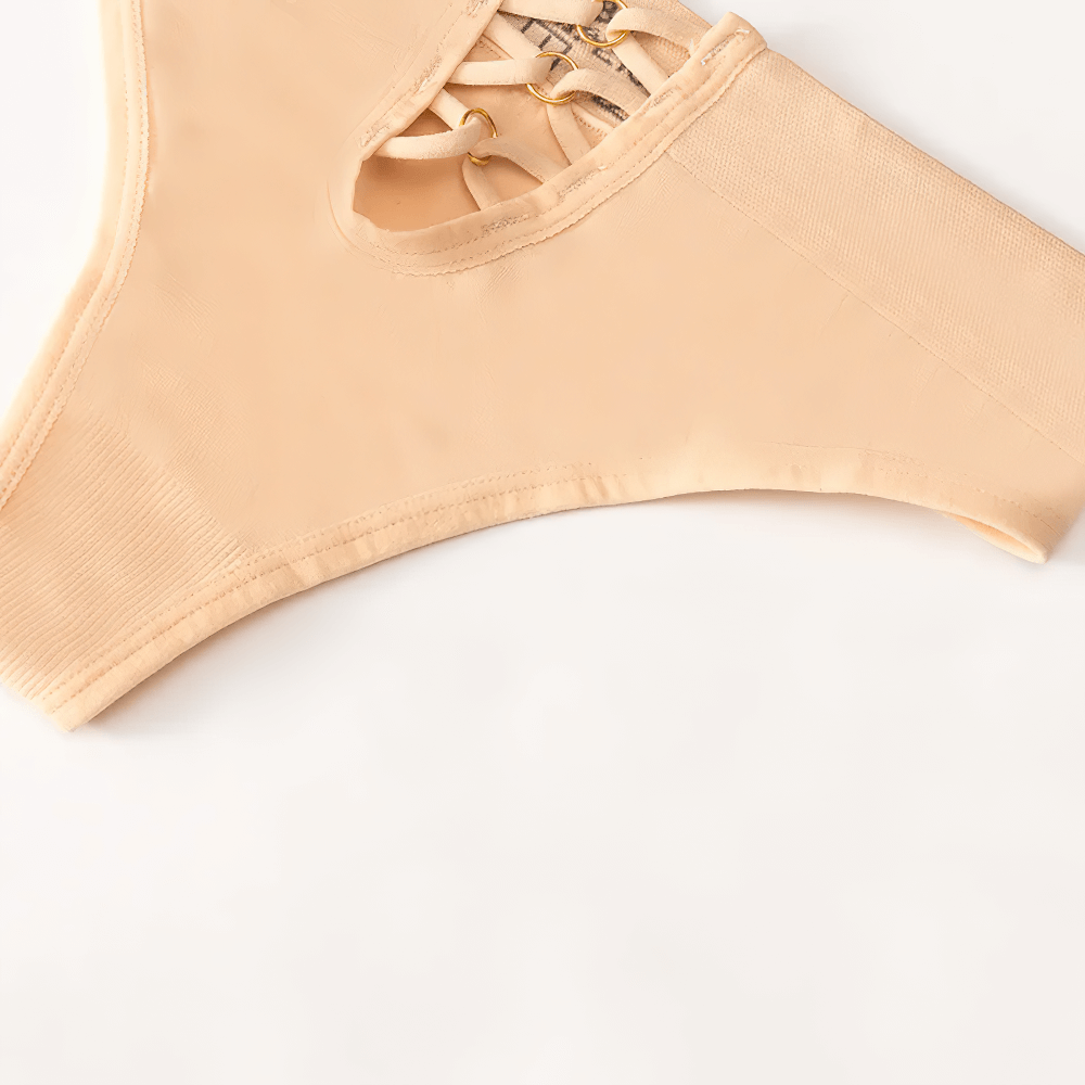 Women's peach lace-up low-rise thong panties with stylish front detail, SF2192, showing chic design and sleek fit for elegant lingerie.